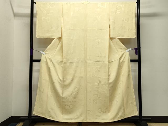 平和屋着物●上質な色無地　色紙重ね御所車飛鶴地紋　淡黄色　正絹　逸品　未使用　CABC8363gh