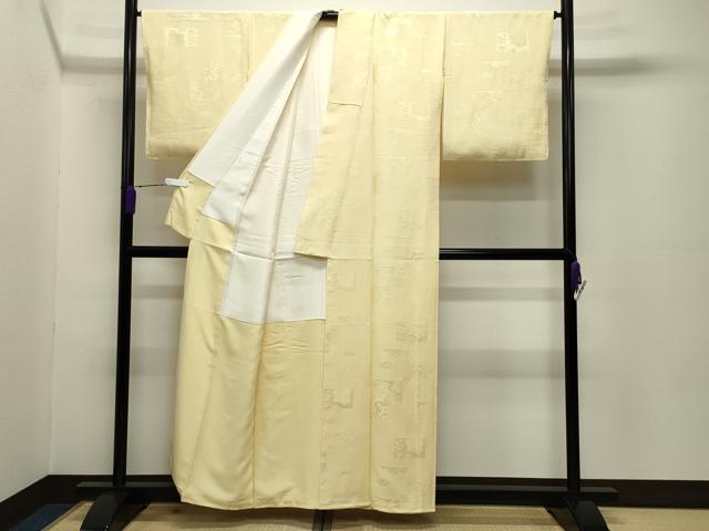 平和屋着物●上質な色無地　色紙重ね御所車飛鶴地紋　淡黄色　正絹　逸品　未使用　CABC8363gh
