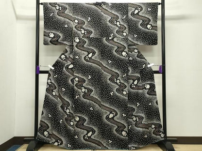 平和屋着物●上質な小紋　辻が花　絞り　黒地　正絹　逸品　CABC8377gh
