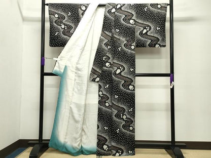 平和屋着物●上質な小紋　辻が花　絞り　黒地　正絹　逸品　CABC8377gh