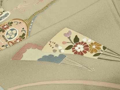 平和屋着物●訪問着　駒刺繍　琵琶扇面花文　金彩　正絹　逸品　未使用　CABC8391gh