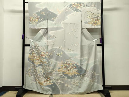 平和屋着物●訪問着　駒刺繍　風景松竹梅文　暈し染め　金彩　正絹　逸品　未使用　CABC8394gh