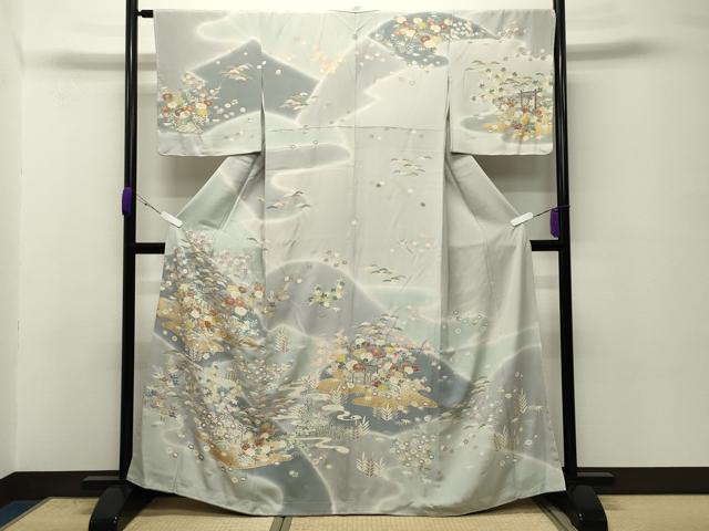 平和屋着物●訪問着　駒刺繍　風景松竹梅文　暈し染め　金彩　正絹　逸品　未使用　CABC8394gh