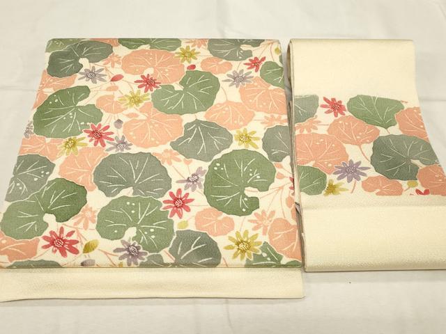 平和屋着物●つけ帯 型染め 草花文 鬼しぼ縮緬 正絹 逸品 CABC8404dy