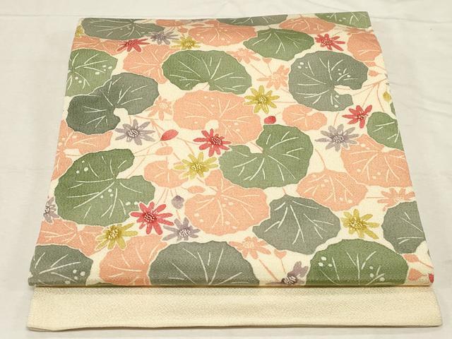 平和屋着物●つけ帯 型染め 草花文 鬼しぼ縮緬 正絹 逸品 CABC8404dy