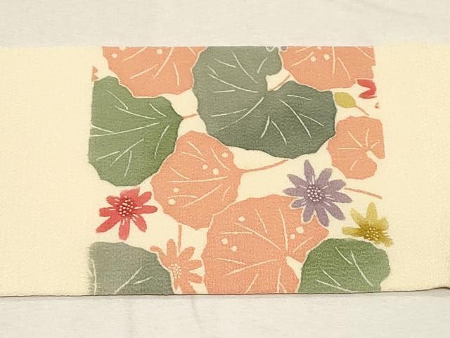 平和屋着物●つけ帯 型染め 草花文 鬼しぼ縮緬 正絹 逸品 CABC8404dy
