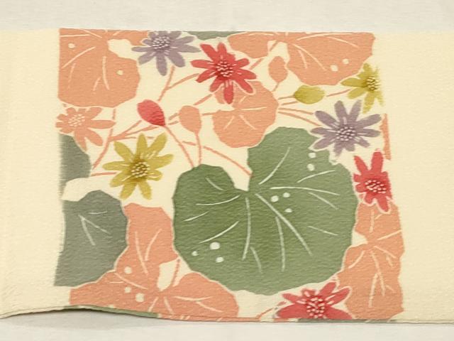 平和屋着物●つけ帯 型染め 草花文 鬼しぼ縮緬 正絹 逸品 CABC8404dy