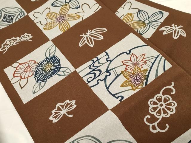 平和屋着物●九寸名古屋帯 型染め 雪輪草花文 鬼しぼ縮緬 正絹 逸品 CABC8410dy