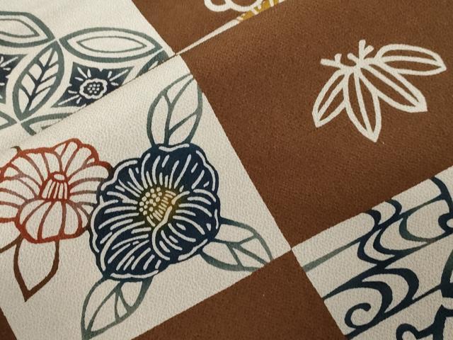 平和屋着物●九寸名古屋帯 型染め 雪輪草花文 鬼しぼ縮緬 正絹 逸品 CABC8410dy