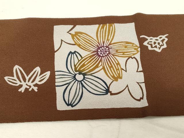 平和屋着物●九寸名古屋帯 型染め 雪輪草花文 鬼しぼ縮緬 正絹 逸品 CABC8410dy