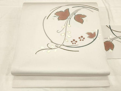平和屋着物●塩瀬 九寸名古屋帯 駒刺繍 草花文 金彩 正絹 逸品 CABC8421dy