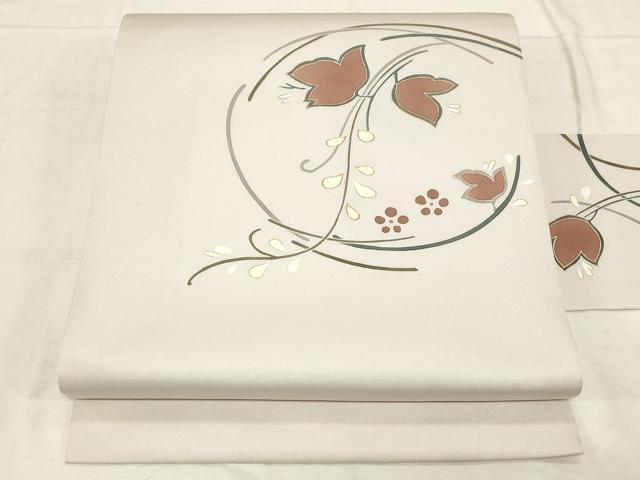 平和屋着物●塩瀬 九寸名古屋帯 駒刺繍 草花文 金彩 正絹 逸品 CABC8421dy