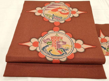平和屋着物●全通柄九寸名古屋帯 花鳥文 鬼しぼ縮緬 正絹 逸品 CABC8430dy