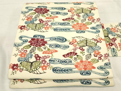 平和屋着物●九寸名古屋帯 紬地 型染め 流水草花文 正絹 逸品 CABC8431dy