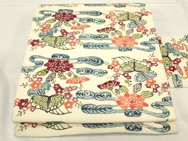 平和屋着物●九寸名古屋帯 紬地 型染め 流水草花文 正絹 逸品 CABC8431dy
