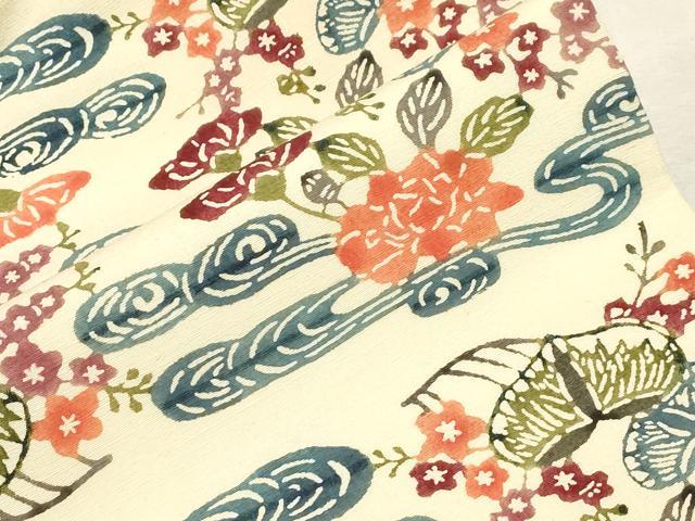 平和屋着物●九寸名古屋帯 紬地 型染め 流水草花文 正絹 逸品 CABC8431dy