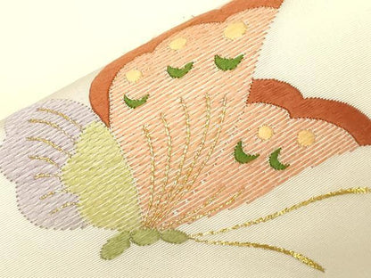 平和屋着物●塩瀬 九寸名古屋帯 総刺繍 舞蝶文 金糸 正絹 逸品 CABC8432dy