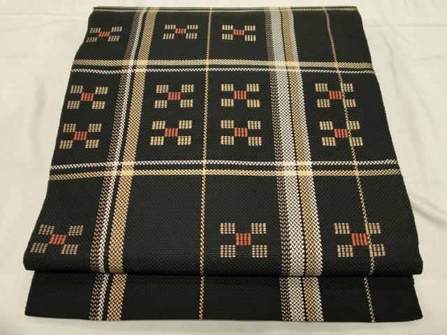 平和屋着物●本場筑前博多織 八寸名古屋帯 吉祥間道 黒地 正絹 逸品 CABC8434dy