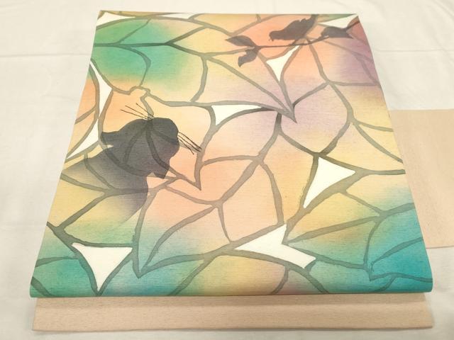平和屋着物●九寸名古屋帯 紬地 猫 鳥 正絹 逸品 CABC8435dy