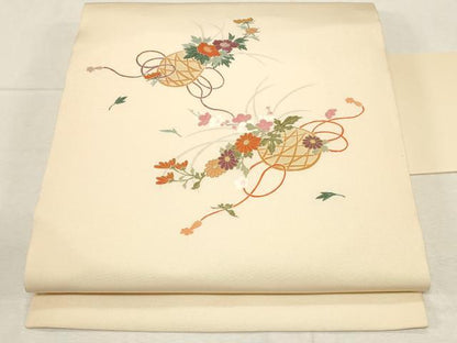 平和屋着物●塩瀬 九寸名古屋帯 花籠文 金彩 正絹 逸品 CABC8437dy