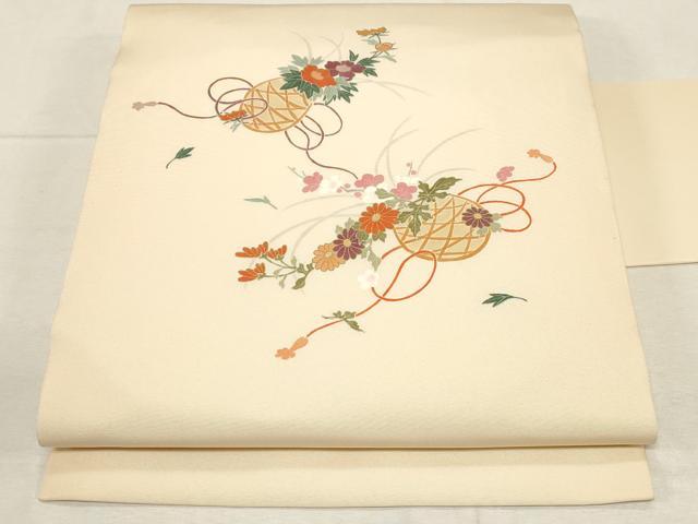 平和屋着物●塩瀬 九寸名古屋帯 花籠文 金彩 正絹 逸品 CABC8437dy