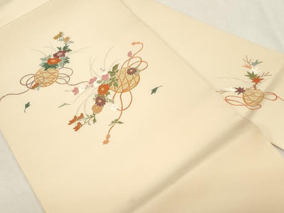 平和屋着物●塩瀬 九寸名古屋帯 花籠文 金彩 正絹 逸品 CABC8437dy