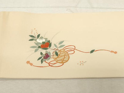 平和屋着物●塩瀬 九寸名古屋帯 花籠文 金彩 正絹 逸品 CABC8437dy