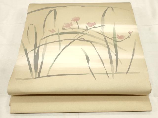 平和屋着物●塩瀬 九寸開き名古屋帯 ろうけつ染め 草花文 逸品 CABC8439dy