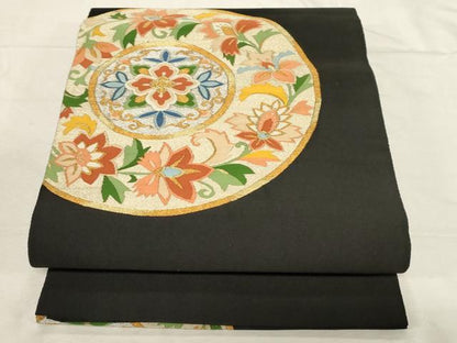 平和屋着物●爪掻き本綴れ 八寸名古屋帯 花絵皿文 黒地 金銀糸 正絹 逸品 CABC8441dy