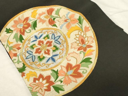 平和屋着物●爪掻き本綴れ 八寸名古屋帯 花絵皿文 黒地 金銀糸 正絹 逸品 CABC8441dy