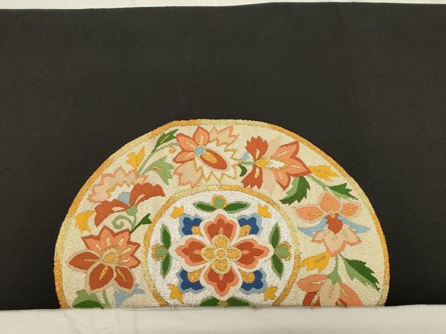 平和屋着物●爪掻き本綴れ 八寸名古屋帯 花絵皿文 黒地 金銀糸 正絹 逸品 CABC8441dy