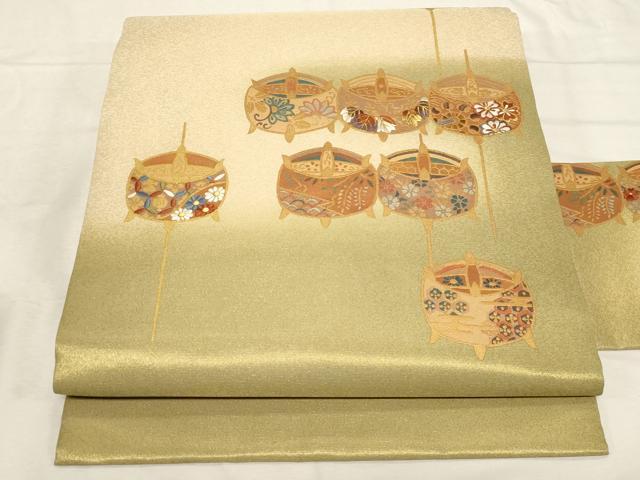 平和屋着物●九寸名古屋帯 刺繍 糸巻き文 金彩 正絹 逸品 CABC8446dy