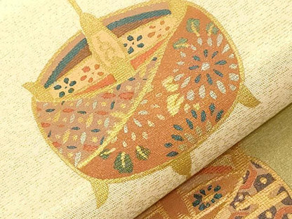 平和屋着物●九寸名古屋帯 刺繍 糸巻き文 金彩 正絹 逸品 CABC8446dy