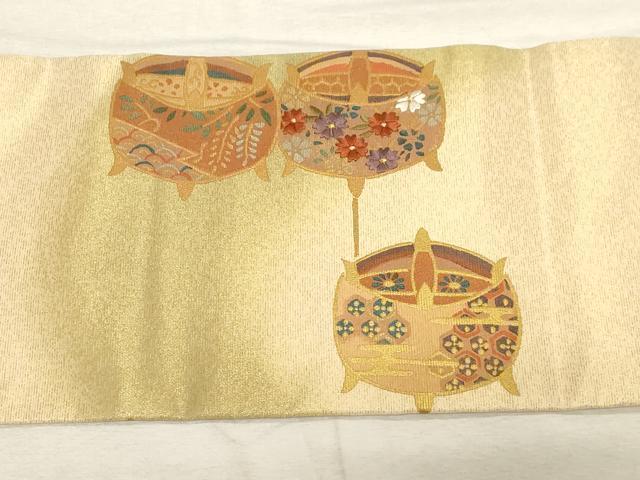 平和屋着物●九寸名古屋帯 刺繍 糸巻き文 金彩 正絹 逸品 CABC8446dy
