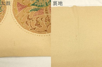 平和屋着物●九寸名古屋帯 花鳥丸文 金彩 鬼しぼ縮緬 正絹 逸品 CABC8448dy