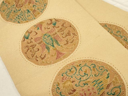 平和屋着物●九寸名古屋帯 花鳥丸文 金彩 鬼しぼ縮緬 正絹 逸品 CABC8448dy