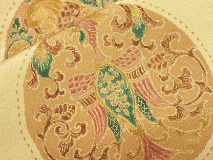 平和屋着物●九寸名古屋帯 花鳥丸文 金彩 鬼しぼ縮緬 正絹 逸品 CABC8448dy