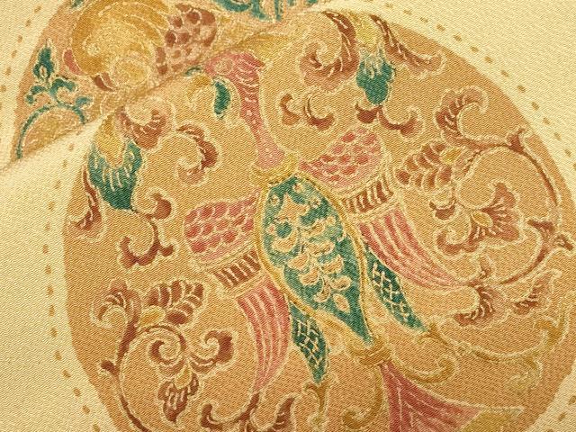 平和屋着物●九寸名古屋帯 花鳥丸文 金彩 鬼しぼ縮緬 正絹 逸品 CABC8448dy
