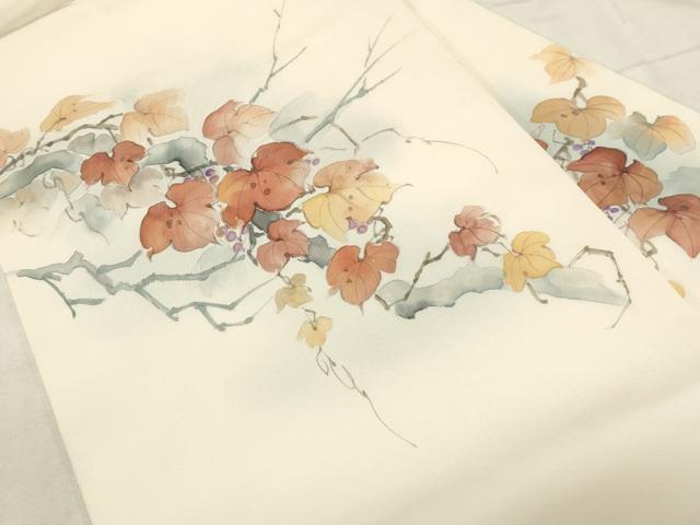 平和屋着物●塩瀬 九寸名古屋帯 作家物 手描き 葡萄蔦の葉文 金彩 正絹 逸品 CABC8450dy