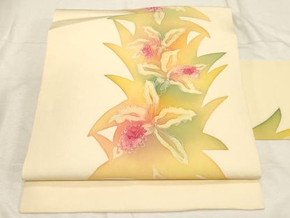 平和屋着物●塩瀬 九寸名古屋帯 作家物 ろうけつ染め カトレア 正絹 逸品 CABC8456dy