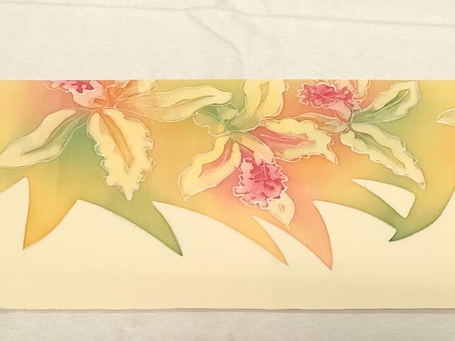 平和屋着物●塩瀬 九寸名古屋帯 作家物 ろうけつ染め カトレア 正絹 逸品 CABC8456dy
