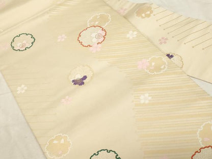 平和屋着物●九寸名古屋帯 唐織 雪輪舞桜文 金糸 正絹 逸品 未使用 CABC8457dy