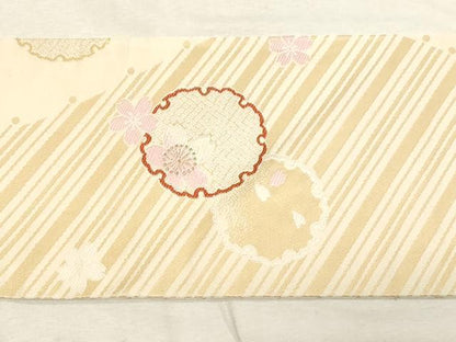 平和屋着物●九寸名古屋帯 唐織 雪輪舞桜文 金糸 正絹 逸品 未使用 CABC8457dy