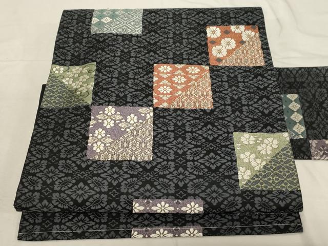 平和屋着物●九寸名古屋帯 色紙花文 黒地 金糸 正絹 逸品 CABC8458dy