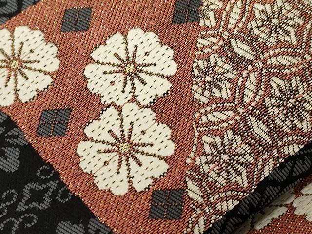 平和屋着物●九寸名古屋帯 色紙花文 黒地 金糸 正絹 逸品 CABC8458dy
