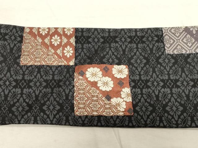 平和屋着物●九寸名古屋帯 色紙花文 黒地 金糸 正絹 逸品 CABC8458dy