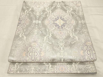 平和屋着物▼六通柄袋帯 立涌正倉院花文 銀糸 正絹 逸品 CABC8519dy
