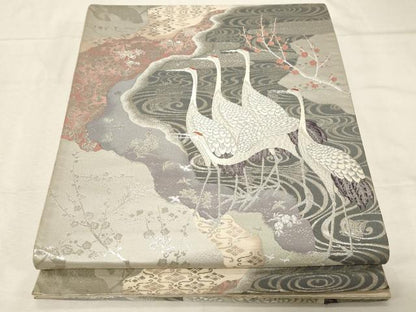 平和屋着物▼六通柄袋帯 叢寿道長 プラチナ 銀座越後屋扱い 正絹 逸品 CABC8520dy