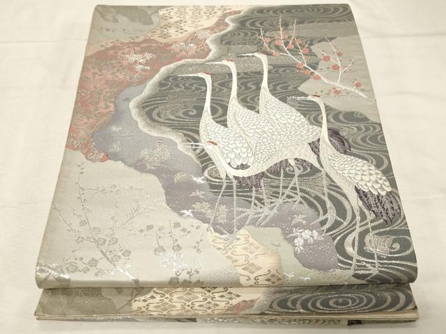 平和屋着物▼六通柄袋帯 叢寿道長 プラチナ 銀座越後屋扱い 正絹 逸品 CABC8520dy