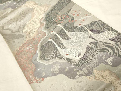 平和屋着物▼六通柄袋帯 叢寿道長 プラチナ 銀座越後屋扱い 正絹 逸品 CABC8520dy
